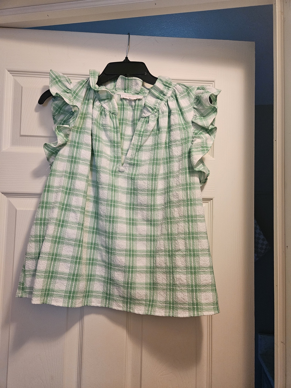 Olivaceous Women's Green Plaid Ruffle Sleeve Blouse